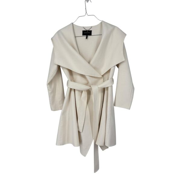 BCBG Max Azria Double Face Wool Blend Cream Wrap Coat Hooded Large Womens - Picture 6 of 12